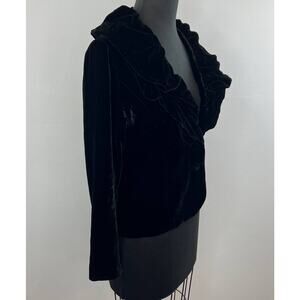 Roberta Freymann Black Silk Blend Ruffle Collar Two Button Velvet Blazer Size S